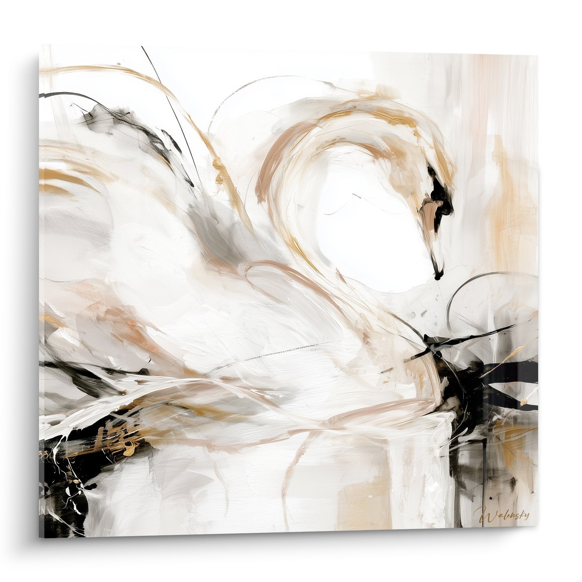 Cygne blanc au col incliné, traits dorés et anthracite, fond clair aux nuances crème