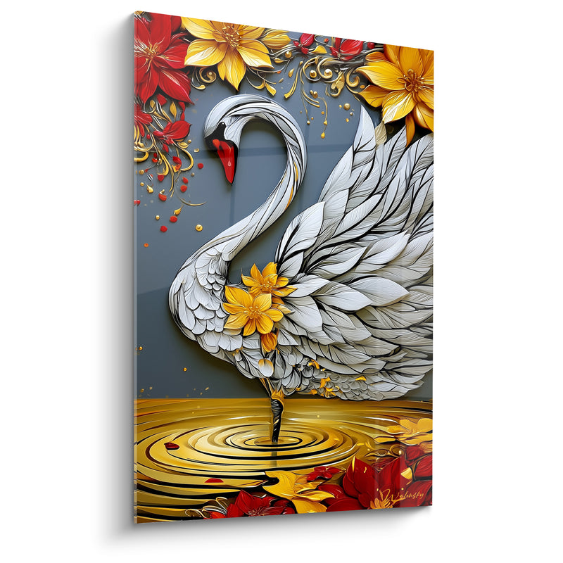 Tableau Cygne blanc et doré parmi les fleurs - Reflet doré - Edition Cygne