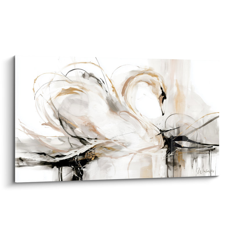Tableau Cygne blanc et doré aux traits gestuels - Souffle sur l'étang - Edition Cygne