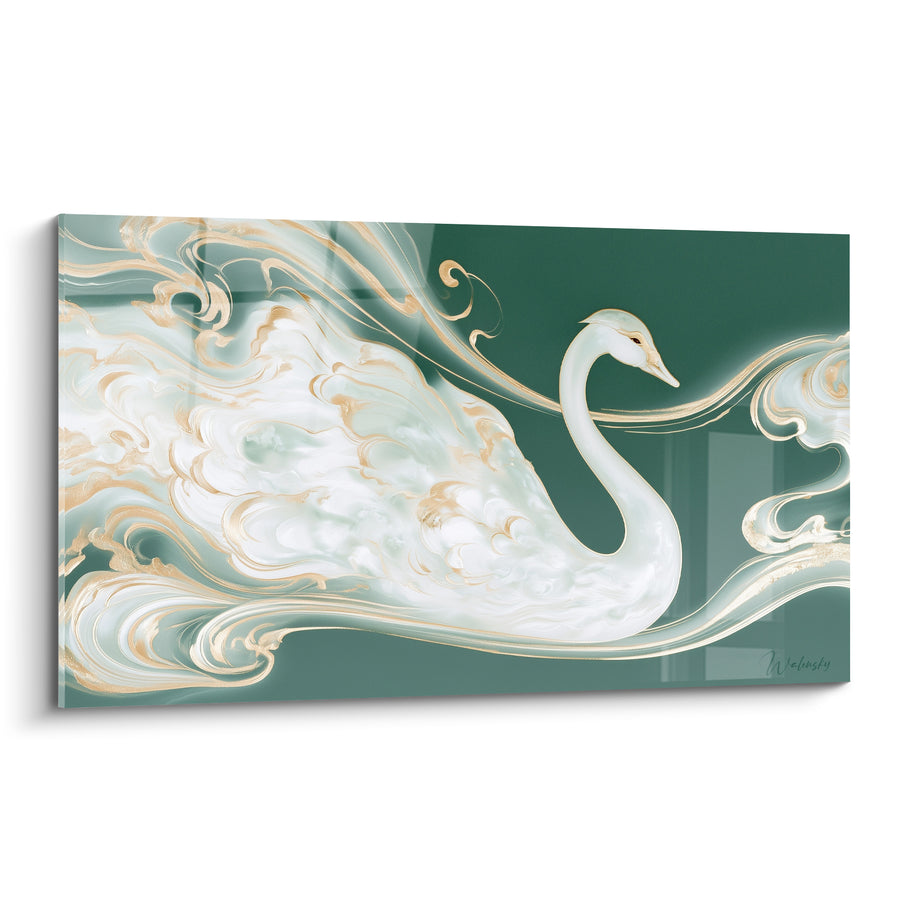 Tableau Cygne blanc et doré aux volutes tourbillonnantes - Fond vert profond - Edition Cygne