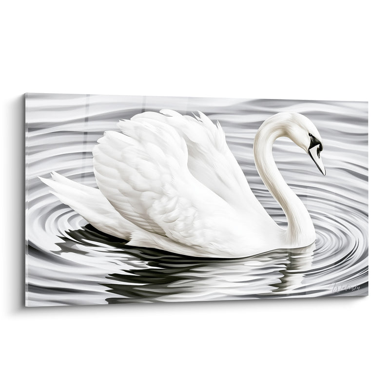 Tableau Cygne blanc et gris sur eau ondulée - Cercles concentriques argentés - Edition Cygne