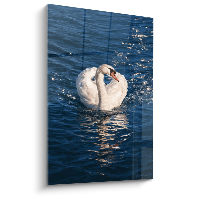 Tableau Cygne blanc et bleu marine étincelant sur l'eau - Reflet scintillant du soleil - Edition Cygne