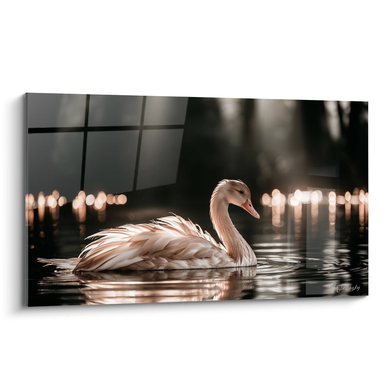 Tableau Cygne blanc et doré sur eau sombre - Veillée nocturne - Edition Cygne