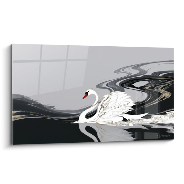 Black and White Painting with Scarlet Beak - Silver Marbled Waves - Cygne Edition
