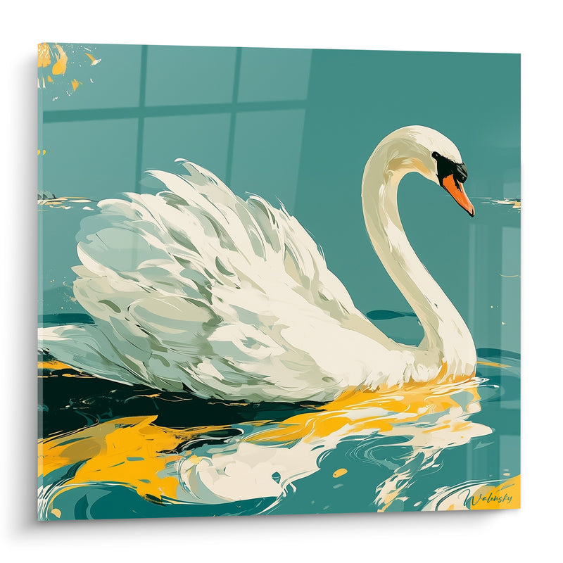 Tableau Cygne blanc aux reflets dorés - Grâce sur l'eau - Edition Cygne