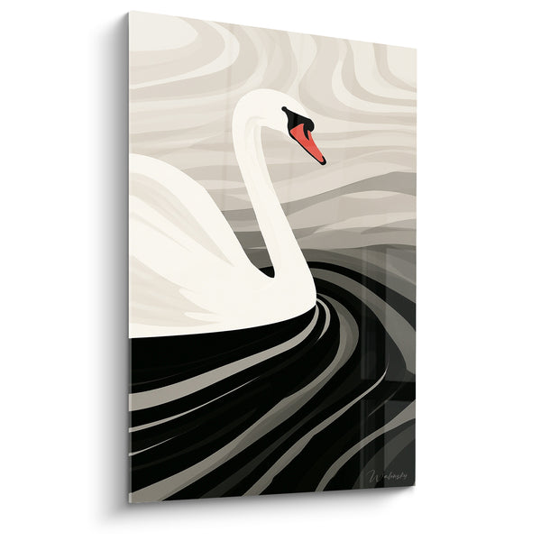 White and Black Swan Painting on Swirling Waves - Pointed Orange Beak - Swan Edition