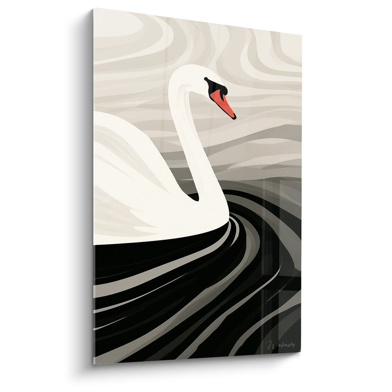 Tableau Cygne blanc et noir sur ondulations tourbillonnantes - Bec orangé pointu - Edition Cygne