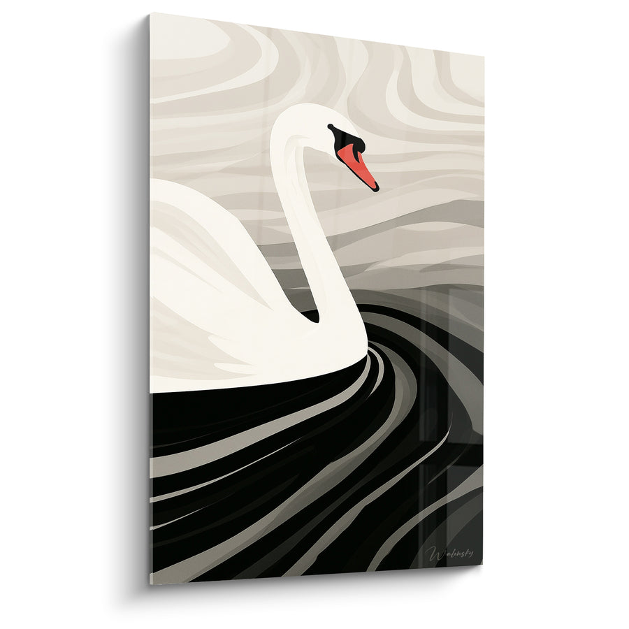 Tableau Cygne blanc et noir sur ondulations tourbillonnantes - Bec orangé pointu - Edition Cygne