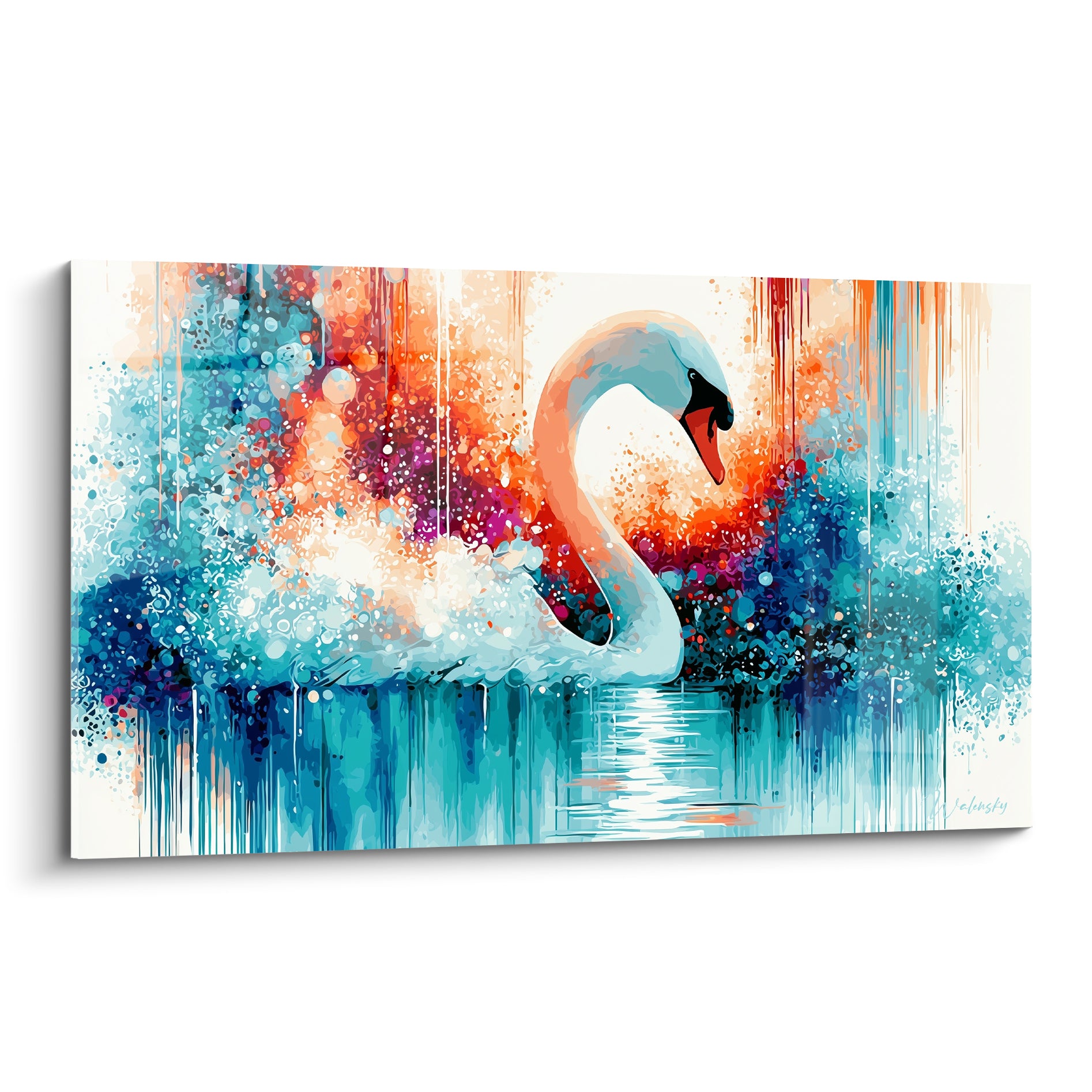 Cygne blanc au cou incliné, plumage bleu pâle, entouré d'éclaboussures corail et turquoise vibrantes