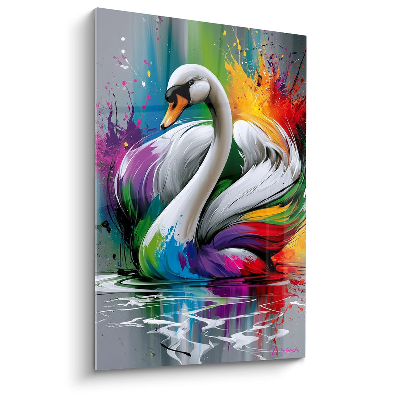 Tableau Cygne blanc aux ailes multicolores éclaboussées - Éclaboussure de grâce - Edition Cygne