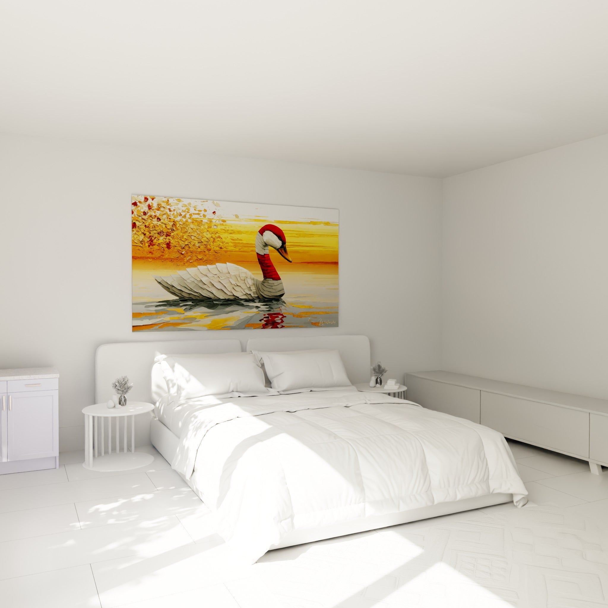 Cygne blanc et rouge sculpté par empâtements, au-dessus d'un lit dans une chambre claire