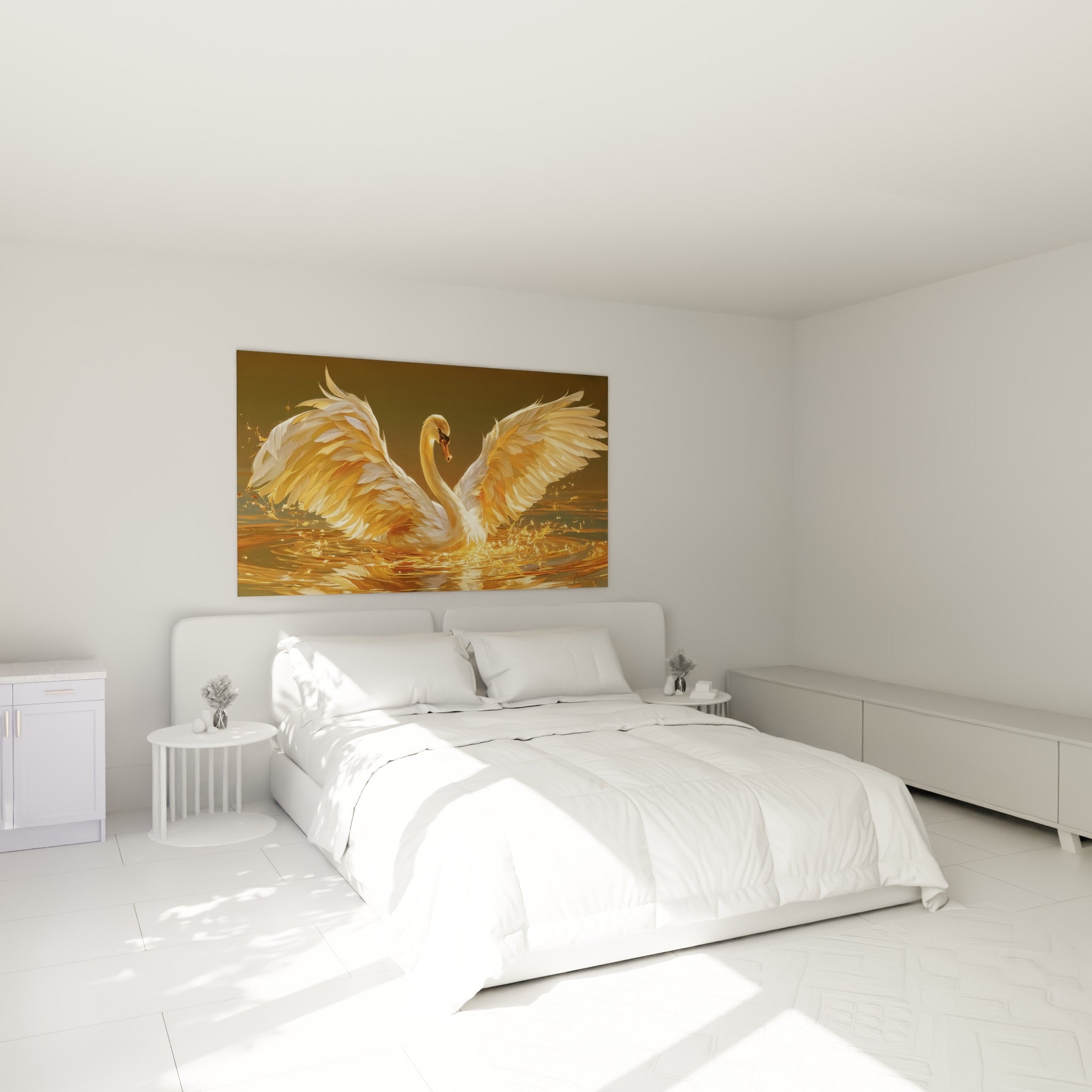 Envol du cygne doré et blanc, ailes ouvertes, accroché au-dessus d'un lit dans une chambre claire