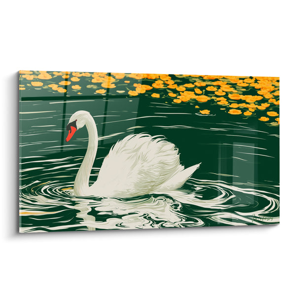 White Swan Painting on Emerald Green Water - Silence on the Pond - Swan Edition