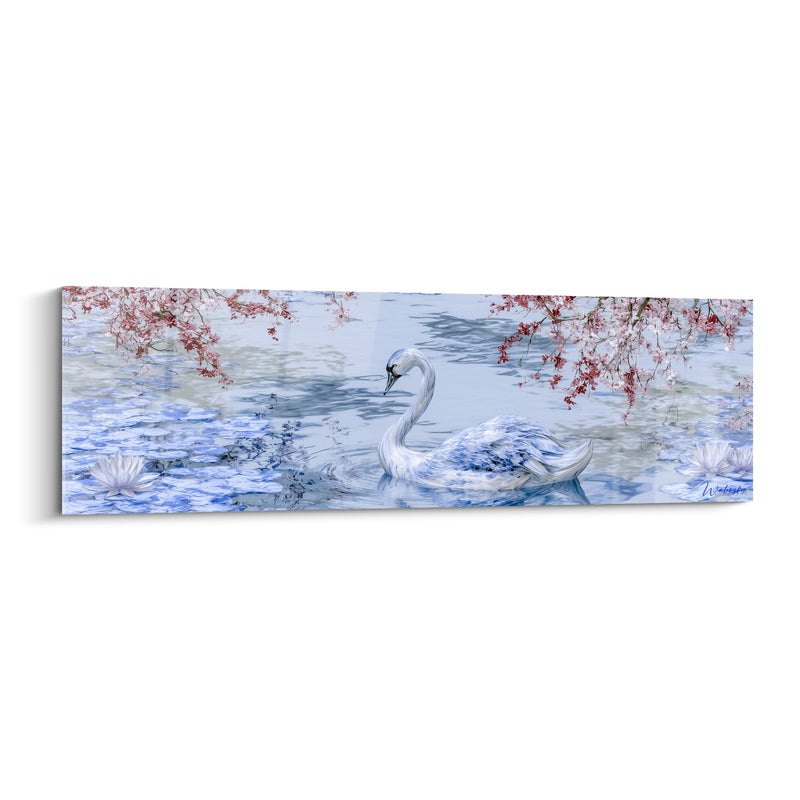 Tableau Blanc et bleu parmi nénuphars fleuris - Branches de fleurs roses - Edition Cygne