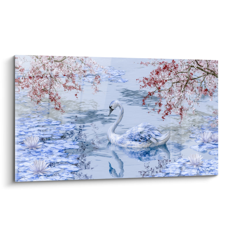 Tableau Cygne blanc sous des branches fleuries roses - Étang printanier - Edition Cygne