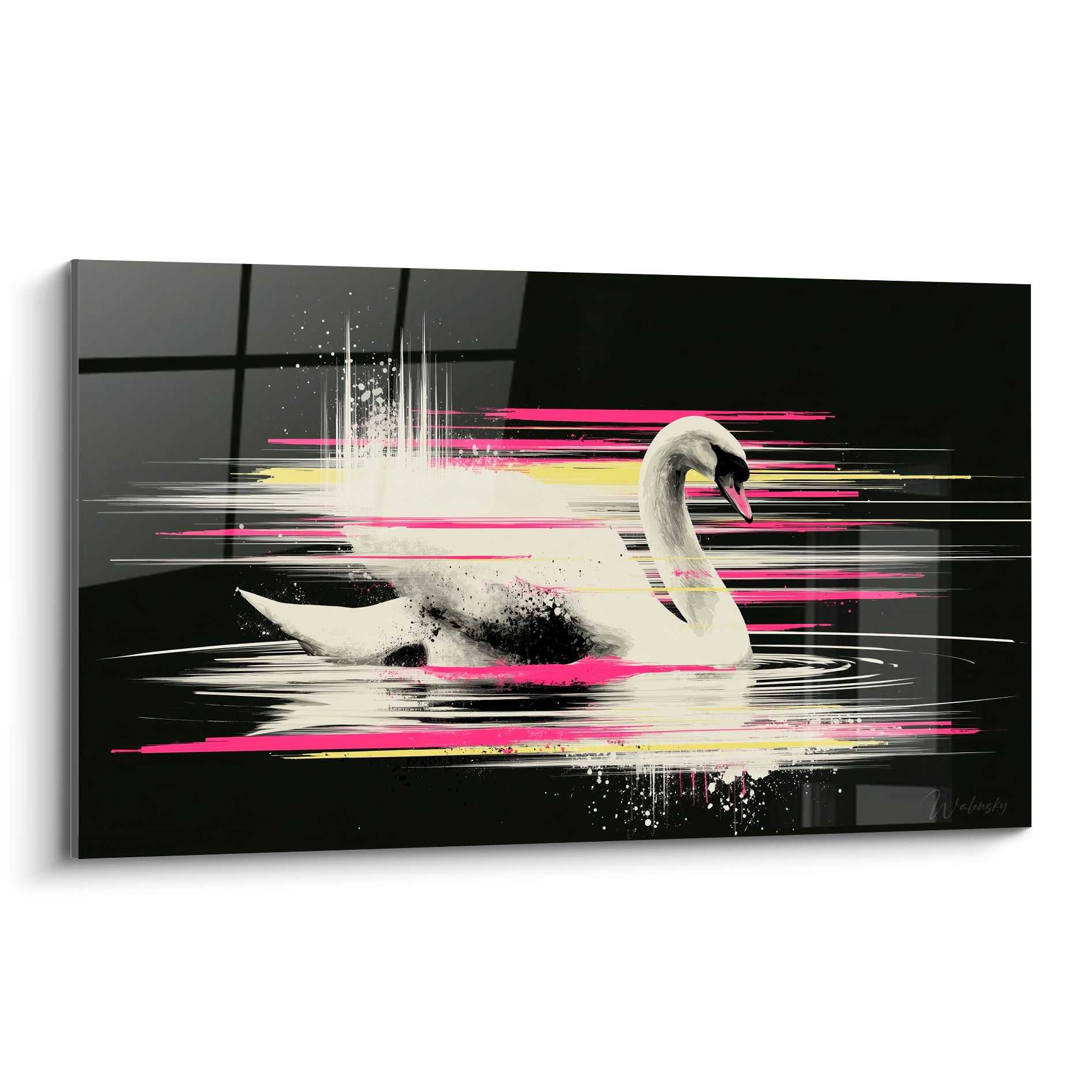 Cygne blanc glissant sur une eau noire, stries roses et jaunes traversant la composition