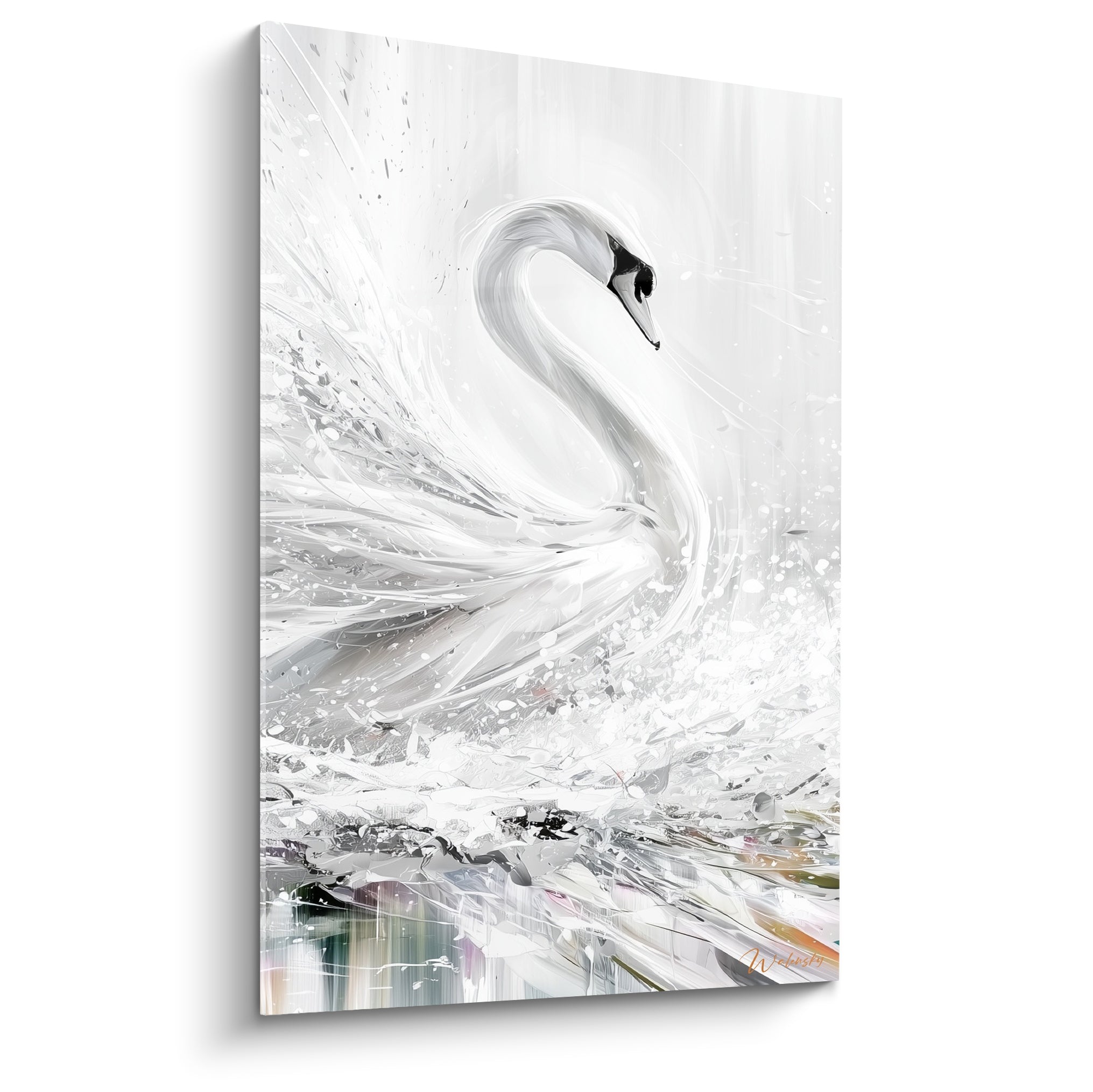 Cygne blanc et gris au cou incurvé, plumage éclaboussé de blanc et de noir