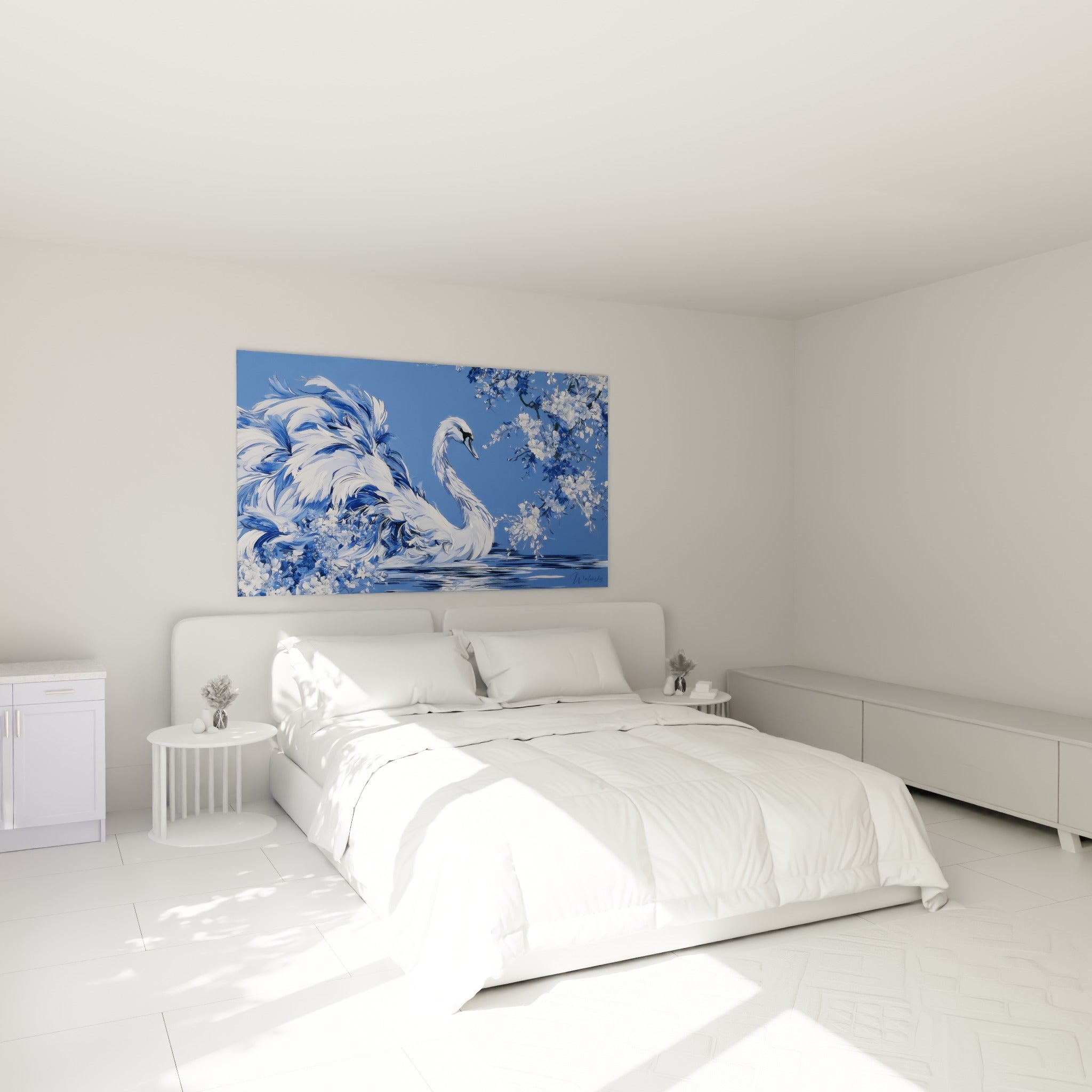 Cygne bleu et blanc entouré de fleurs, au-dessus d'un lit dans une chambre claire