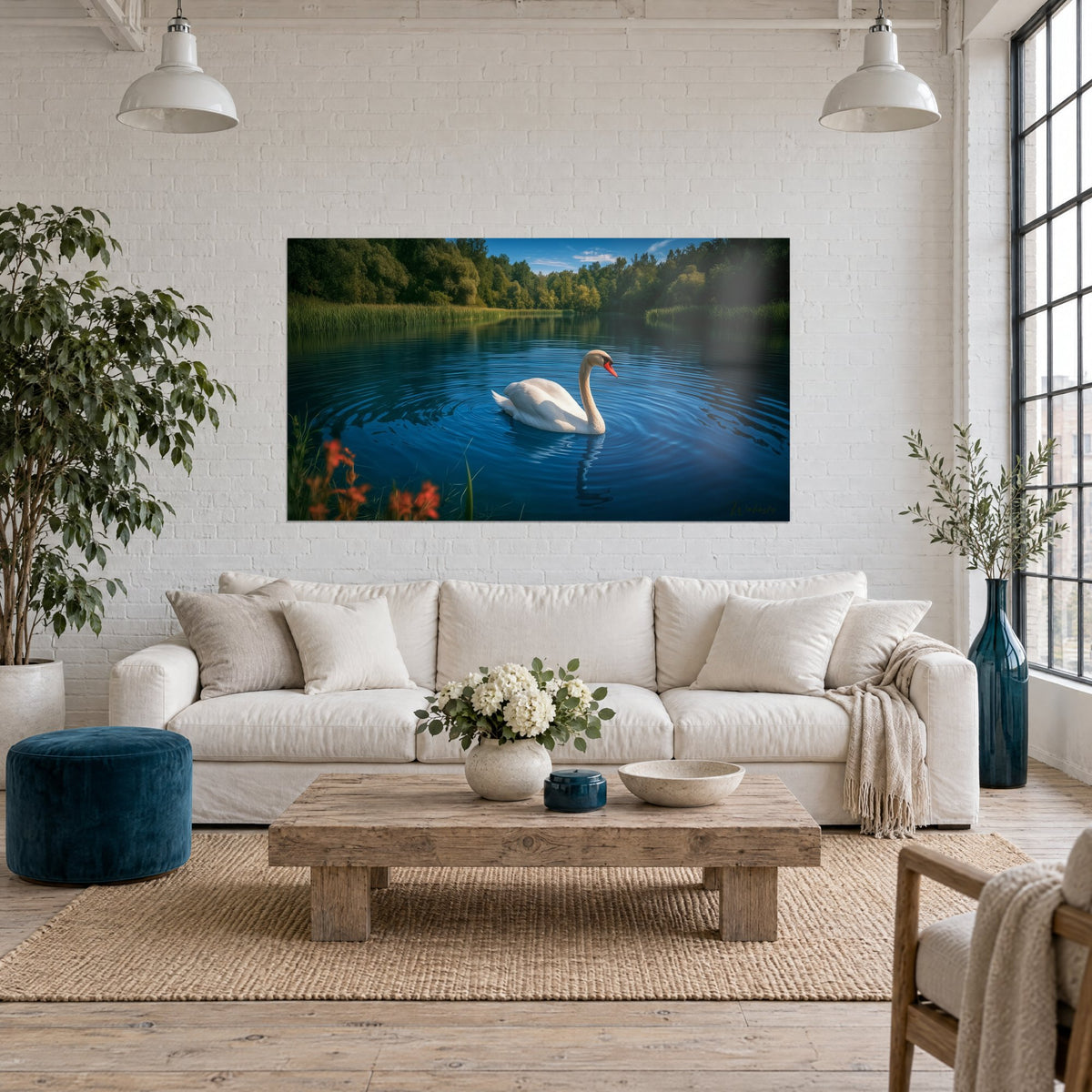 Tableau cygne blanc glissant sur un lac bleu nuit, bec orangé, roseaux verts et fleurs rouges, au-dessus d'un canapé dans un salon lumineux