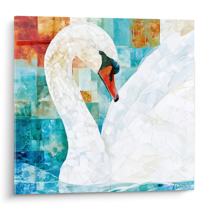 Tableau Cygne blanc au bec orangé mosaïque - Élégance sur l'eau - Edition Cygne