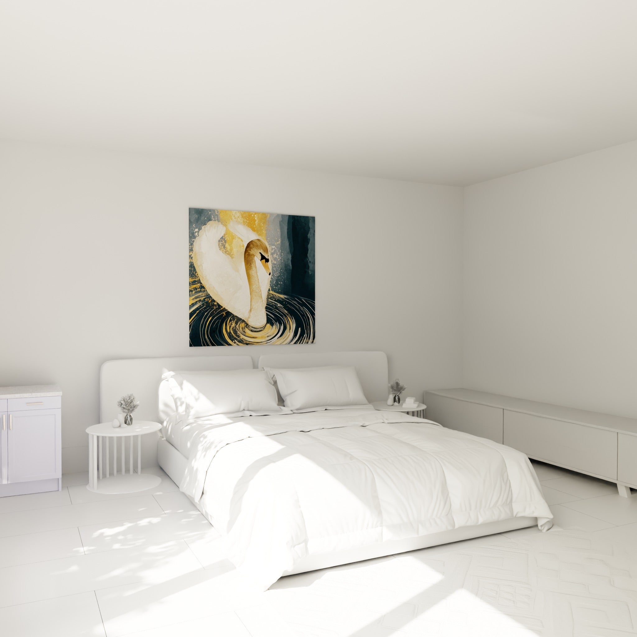Silhouette de cygne doré et blanc au-dessus d'un lit dans une chambre claire