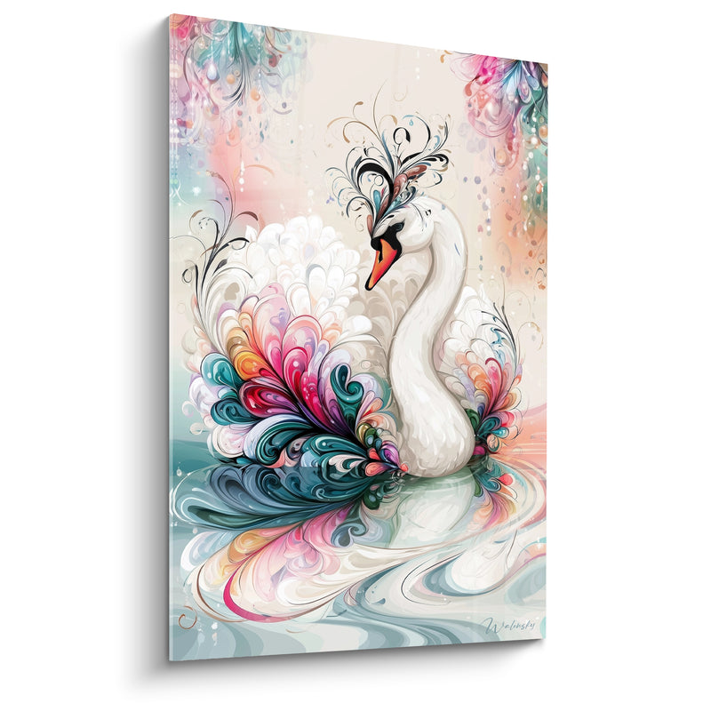 Tableau Cygne blanc aux ailes multicolores ornementées - Rêverie sur l'eau - Edition Cygne
