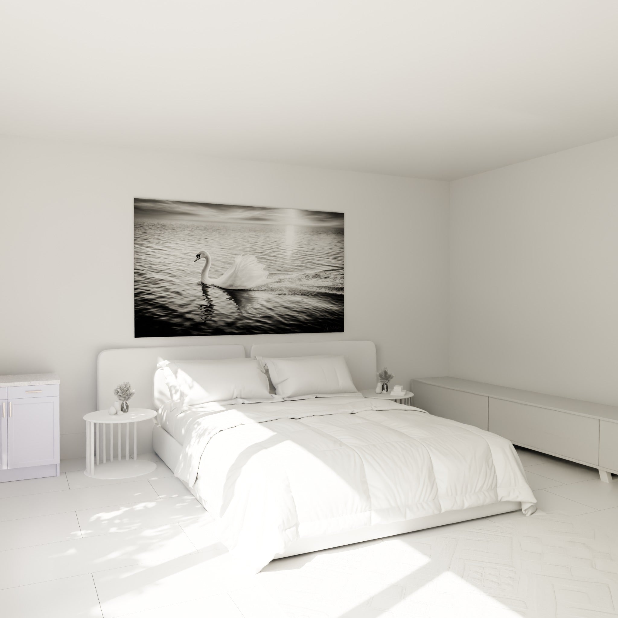 Silhouette de cygne blanc sur eau sombre, reflets argentés, au-dessus d'un lit dans une chambre claire