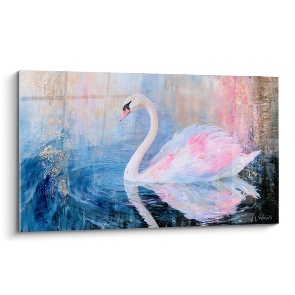 White Swan Painting with Blue and Pink Reflections - Lacustrine Dream - Swan Edition