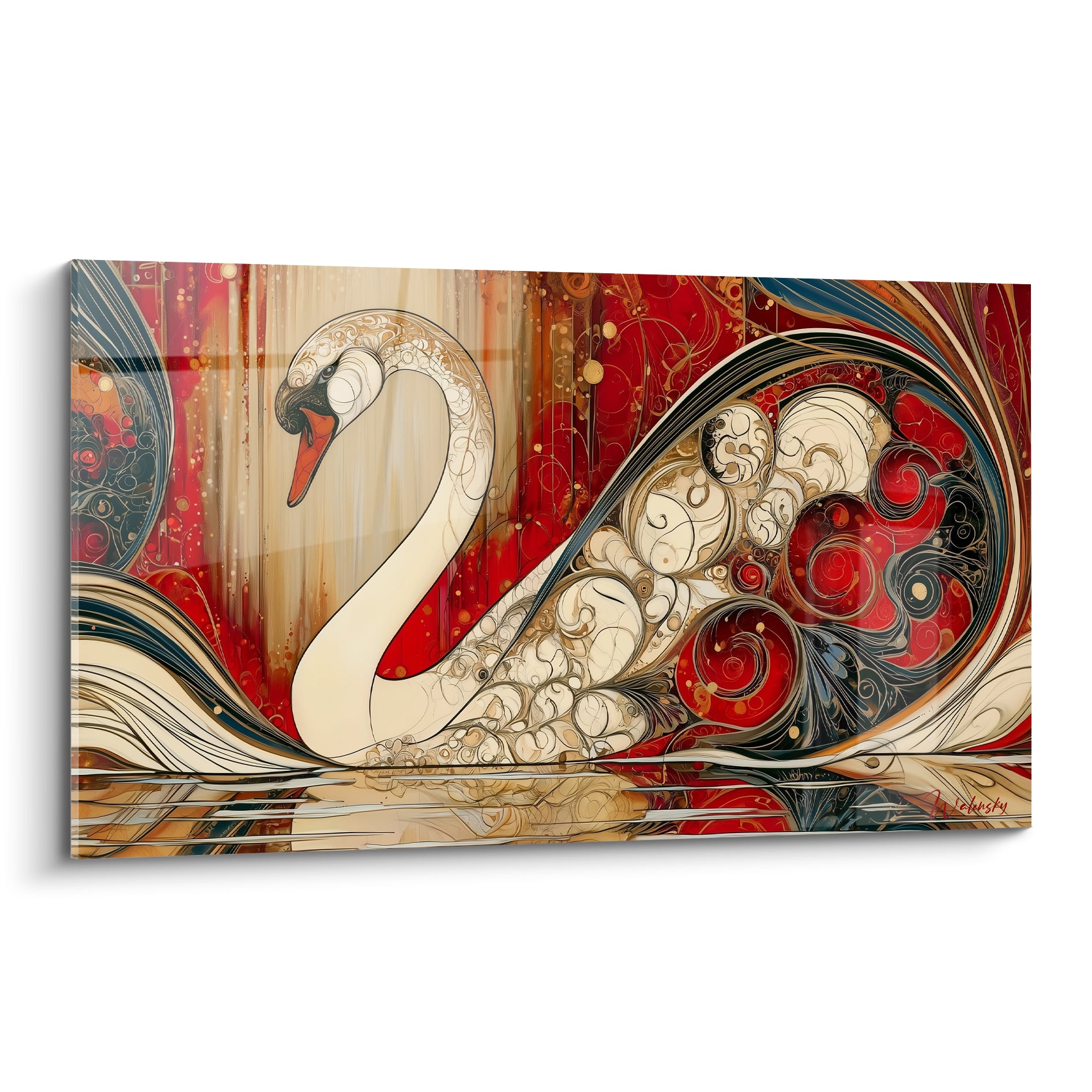 Cygne blanc au cou orné glissant sur fond rouge profond et doré, motifs Art Nouveau détaillés