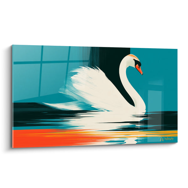 White Swan Painting with Teal and Orange Reflections - Mirror of Twilight - Swan Edition