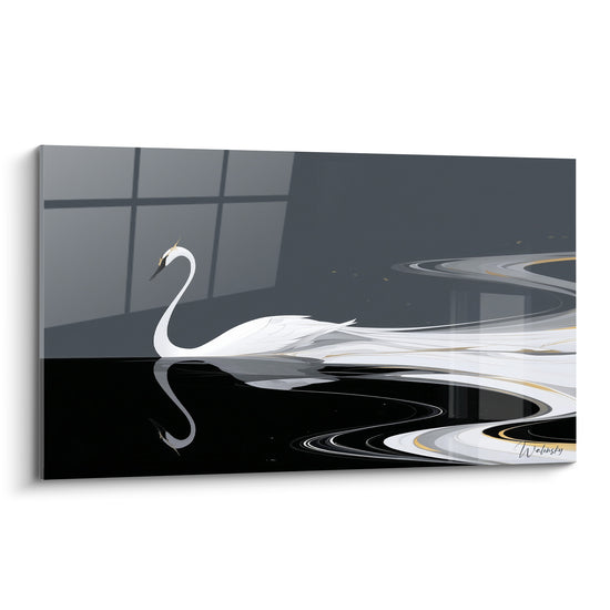 Cygne blanc glissant sur une eau noire, plumage doré et fond anthracite graphique