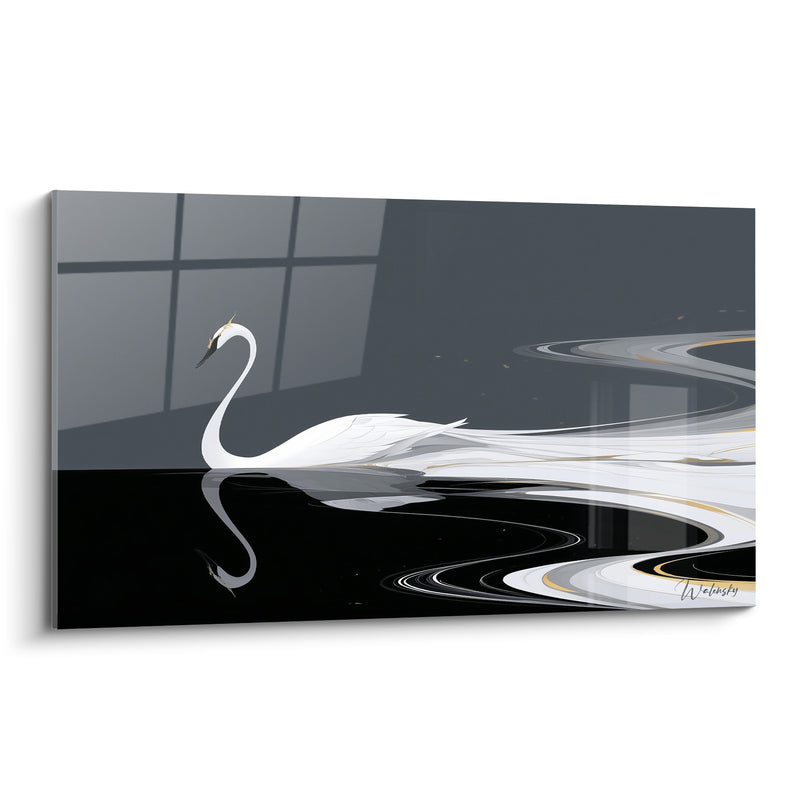 Tableau Cygne blanc et noir aux vagues sinueuses - Fenêtre ombrée en fond - Edition Cygne