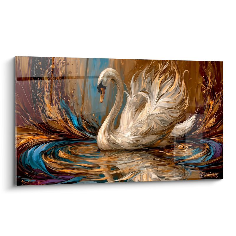 Tableau Cygne ivoire aux plumes ambrées et bleu turquoise tourbillonnant - Reflets pourpres et acajou - Edition Cygne