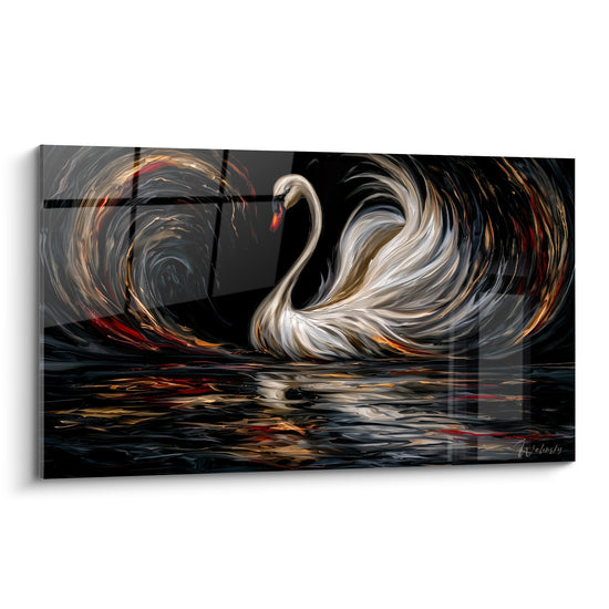 Cygne blanc au cou gracieux, ailes dorées en tourbillon sur fond anthracite et reflets roux