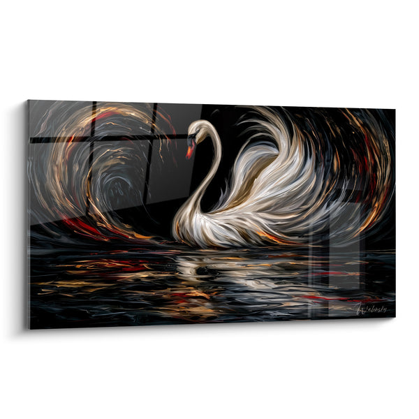 White Swan Painting with Swirling Golden Wings - Frozen Flight - Swan Edition