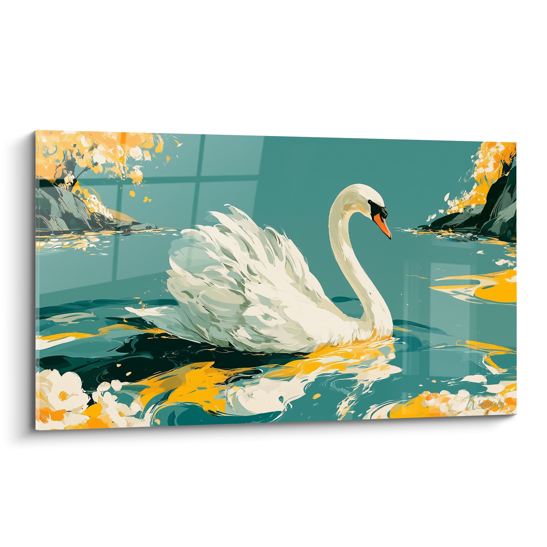 Cygne blanc au cou gracieux glissant sur une eau turquoise parsemée de reflets dorés