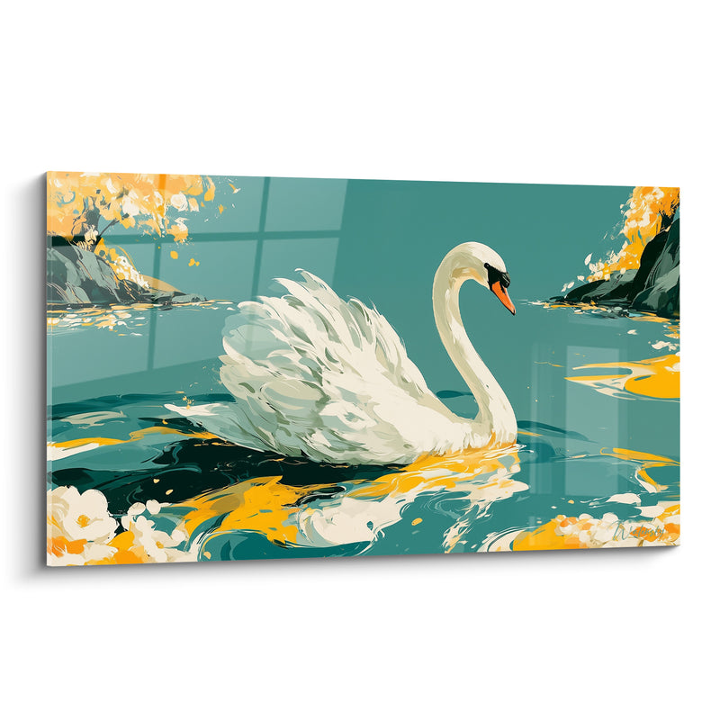 Tableau Cygne blanc et sarcelle parmi rochers dorés - Fleurs blanches flottantes - Edition Cygne