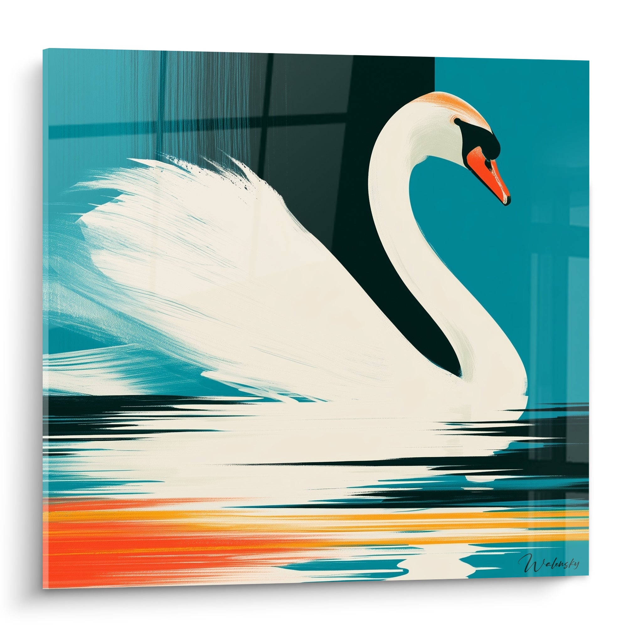 Cygne blanc au cou courbé sur fond bleu turquoise et anthracite, reflets orangés en dessous