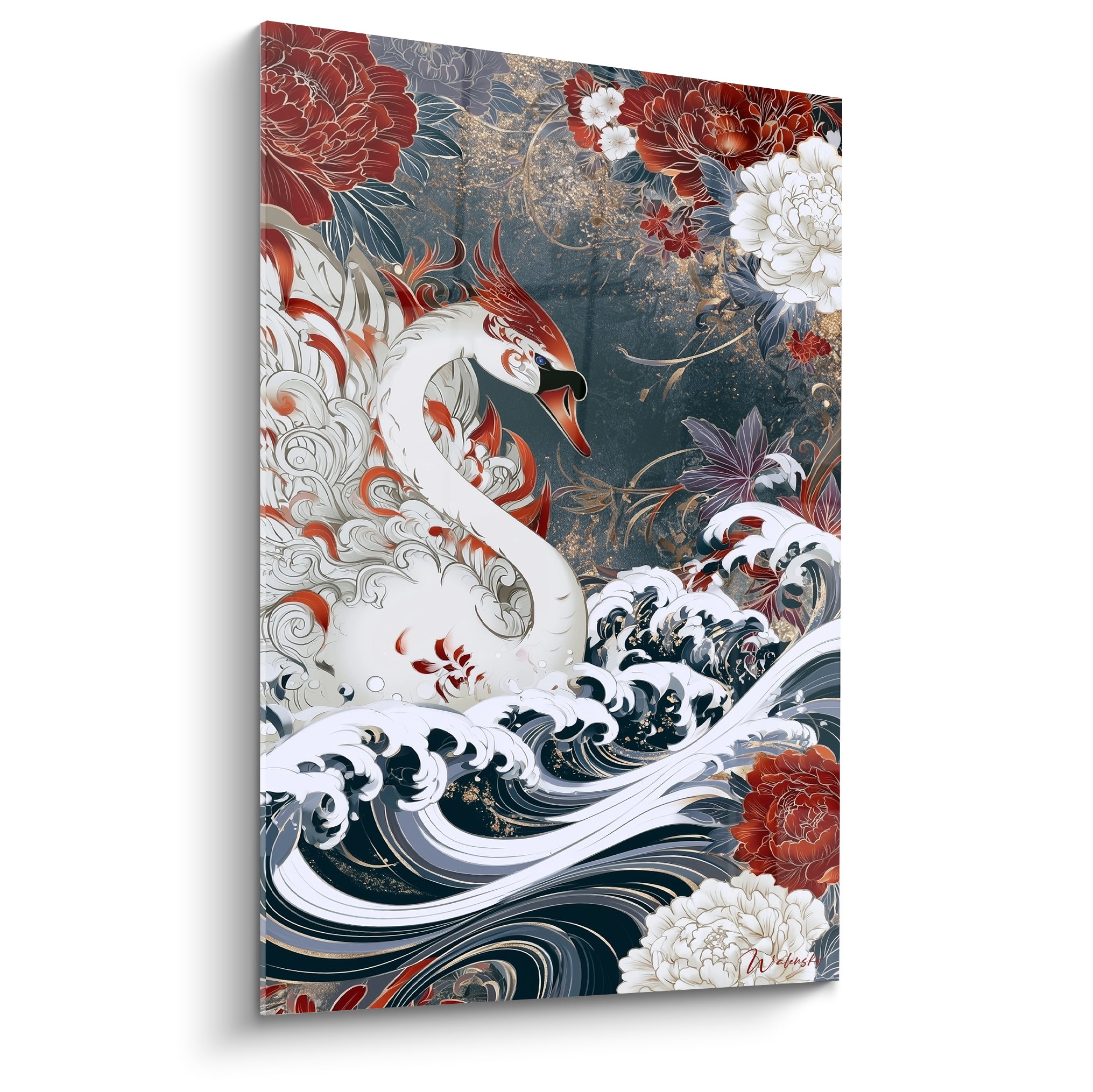 Cygne blanc au cou sinueux, plumage orné de rouge, vagues anthracite et pivoines florales