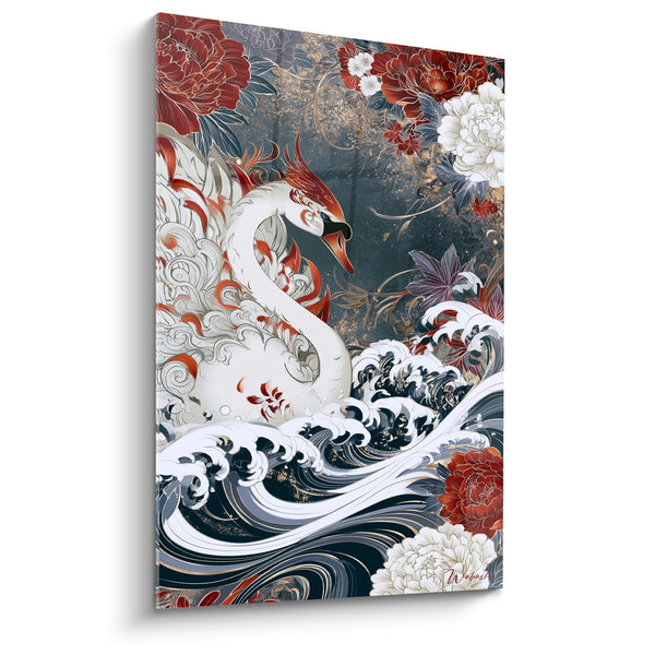 White Swan Among Waves and Peonies Painting - Elegance of the Tides - Swan Edition