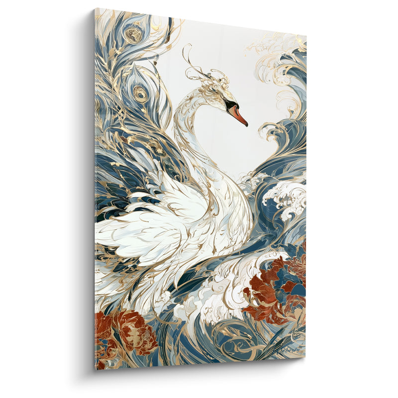 Tableau Cygne blanc aux vagues bleu marine et fleurs terracotta - Songe aquatique - Edition Cygne