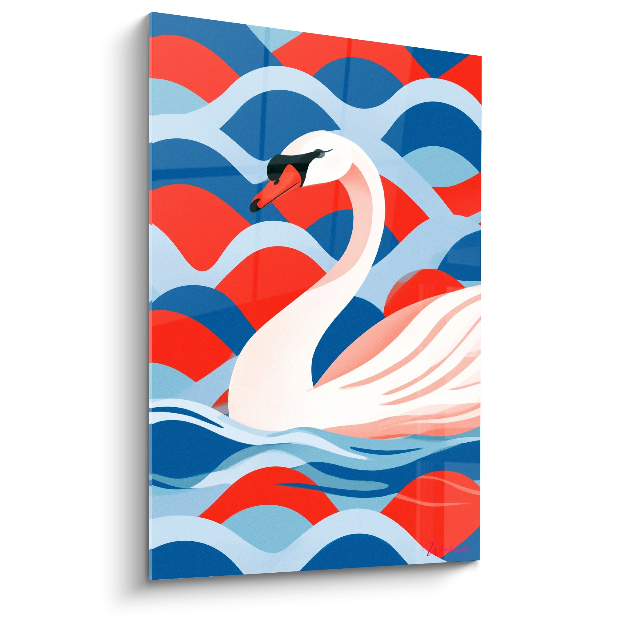 Cygne blanc au cou gracieux sur vagues bleu marine et rouge vermillon stylisées