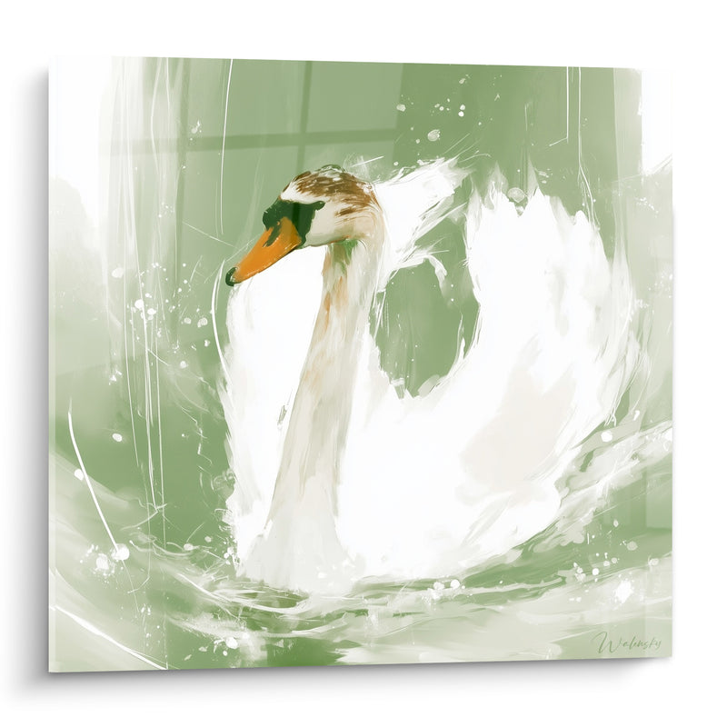 Tableau Cygne blanc et vert sauge sur l'eau - Glisse silencieuse - Edition Cygne