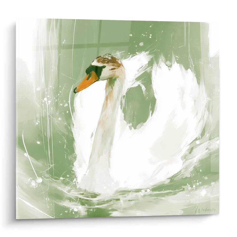 Tableau Cygne blanc et vert sauge sur l'eau - Glisse silencieuse - Edition Cygne
