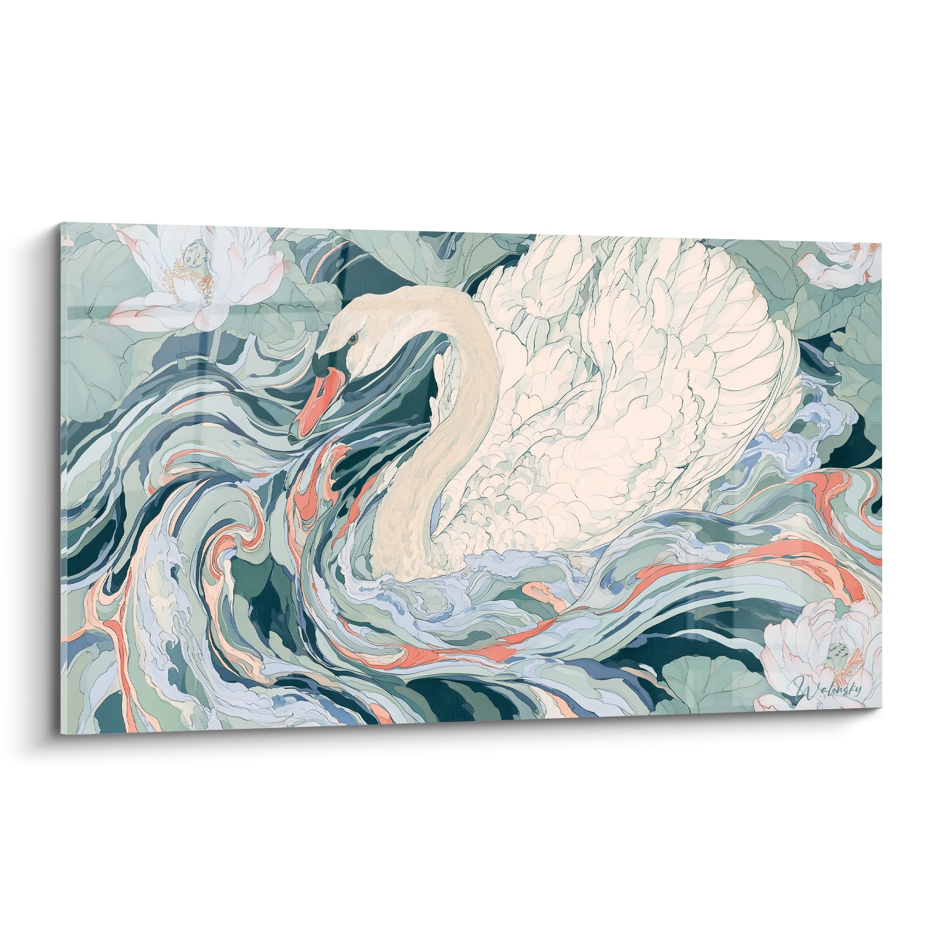 Cygne blanc au col gracieux glisse dans un tourbillon vert sauge et corail orné de lotus