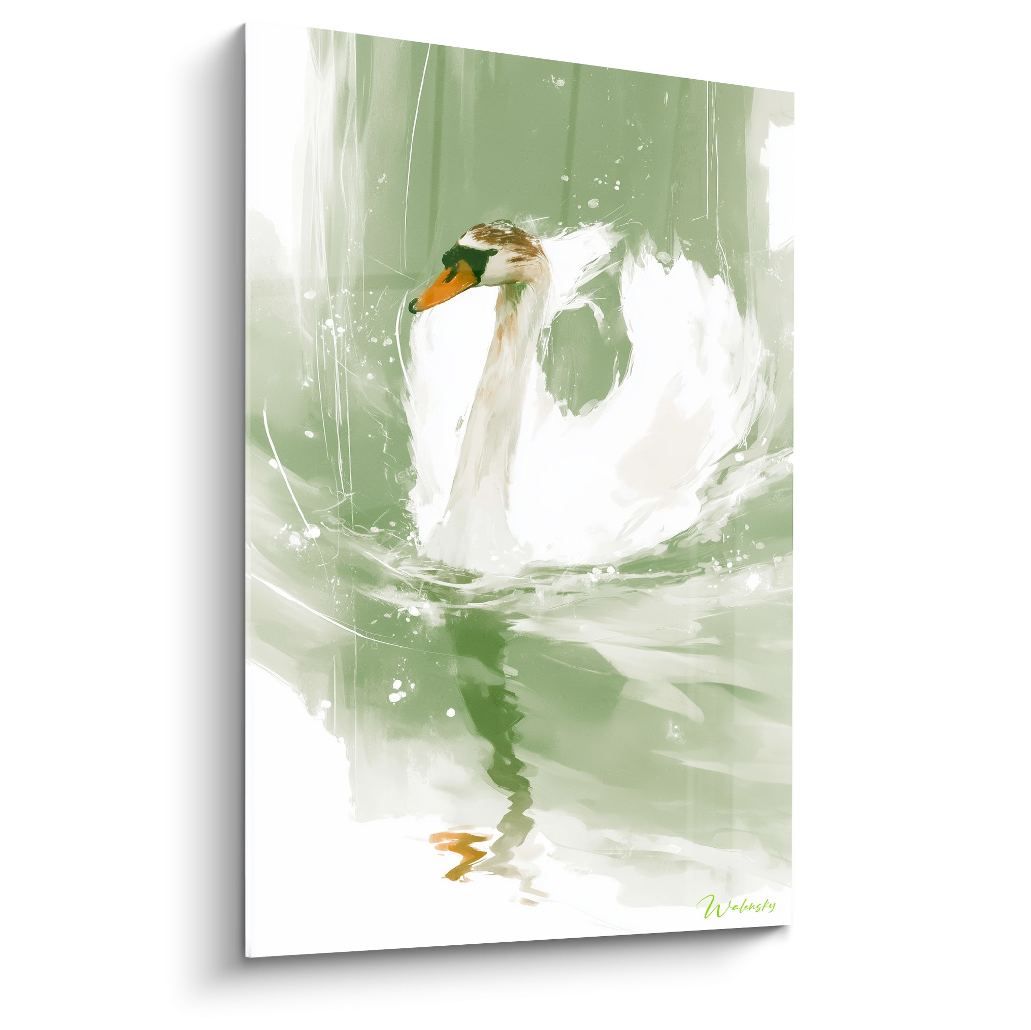 Cygne blanc au bec orangé glissant sur une eau vert sauge, plumage texturé et reflet ondulé