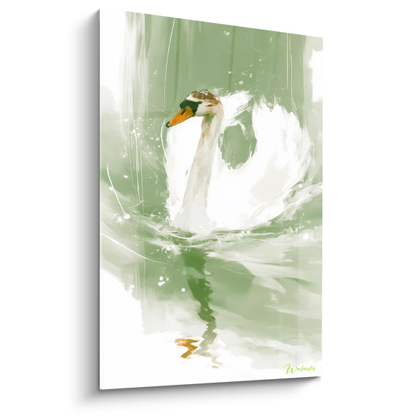 White Swan and Pistachio Green Painting with Vertical Reflection - Silver Splashes - Swan Edition