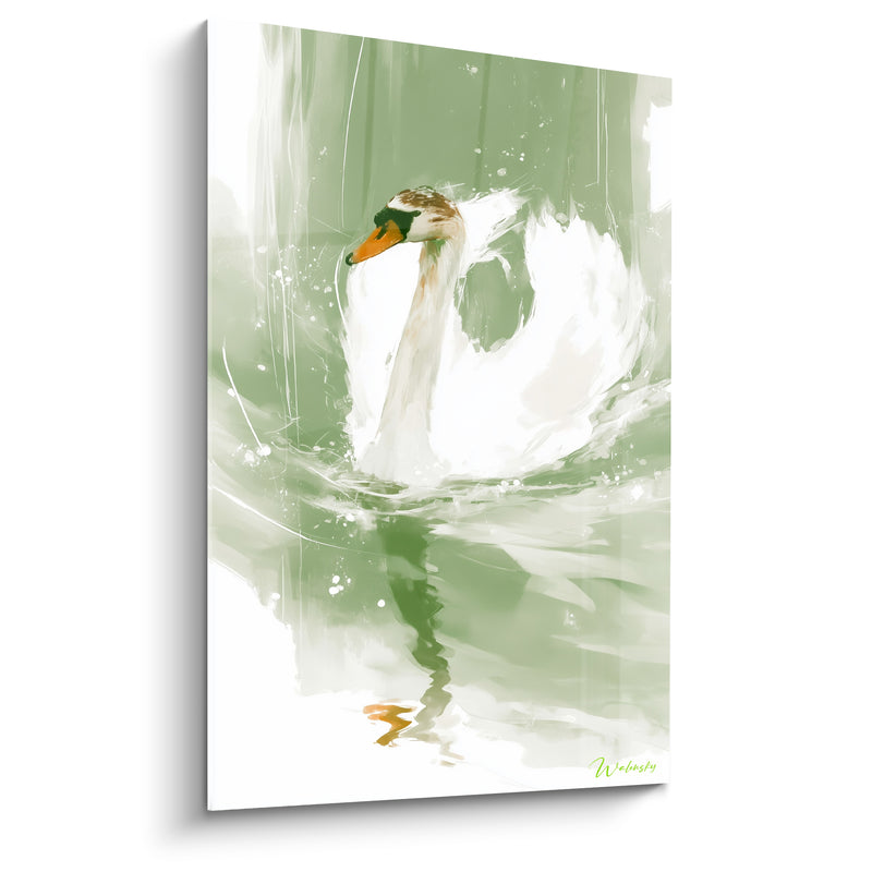 Tableau Cygne blanc et vert amande au reflet vertical - Éclaboussures argentées - Edition Cygne