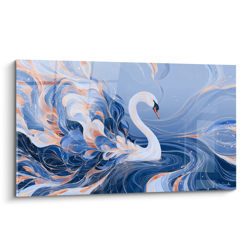 Tableau Cygne aux plumes bleu marine et corail - Tourbillon gracieux - Edition Cygne