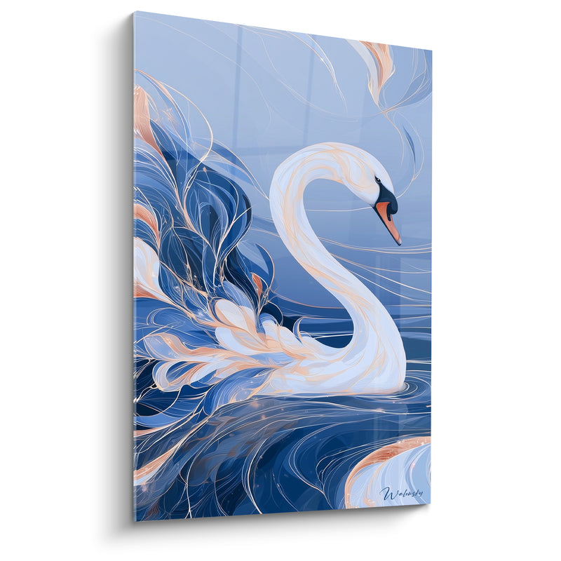 Tableau Cygne blanc aux ailes bleu marine et cuivre - Élégance des eaux calmes - Edition Cygne